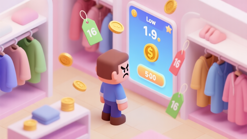 A frustrated game character standing in a virtual clothing store, looking at a dressing screen with a low score, coins and price tags floating around, soft pastel color palette, isometric view high quality illustration, detailed, 16:9