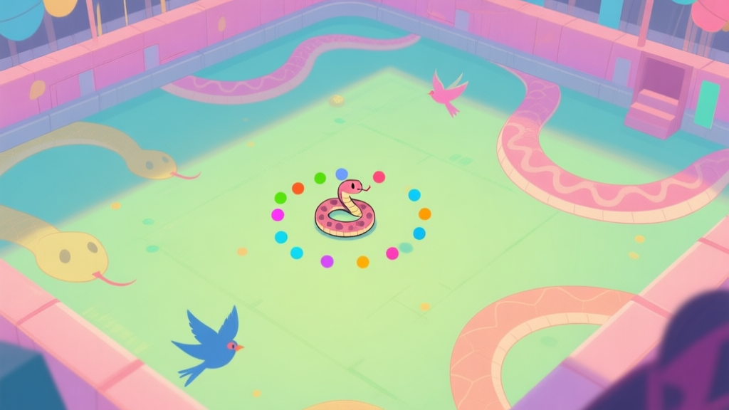A top-down view of a vibrant but soft-colored game arena, showing a small snake surrounded by colorful bird dots and larger snake outlines in the distance, creating a sense of both opportunity and danger high quality illustration, detailed, 16:9