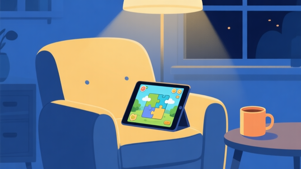 A cozy, softly lit evening scene at home, a comfortable armchair with a tablet showing a peaceful puzzle game on screen, a warm mug nearby, in a minimalist illustration style with a calm color palette of blues and warm yellows high quality illustration, detailed, 16:9
