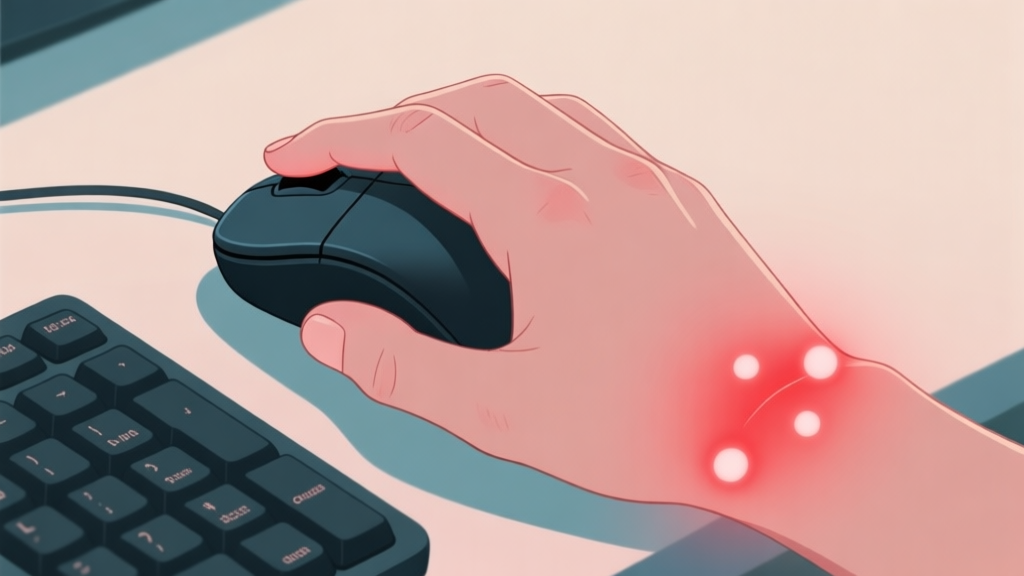 Illustration of a hand on a gaming mouse and keyboard, with subtle red glowing points highlighting the thumb, index finger, and wrist area, indicating strain points, in a soft color palette high quality illustration, detailed, 16:9