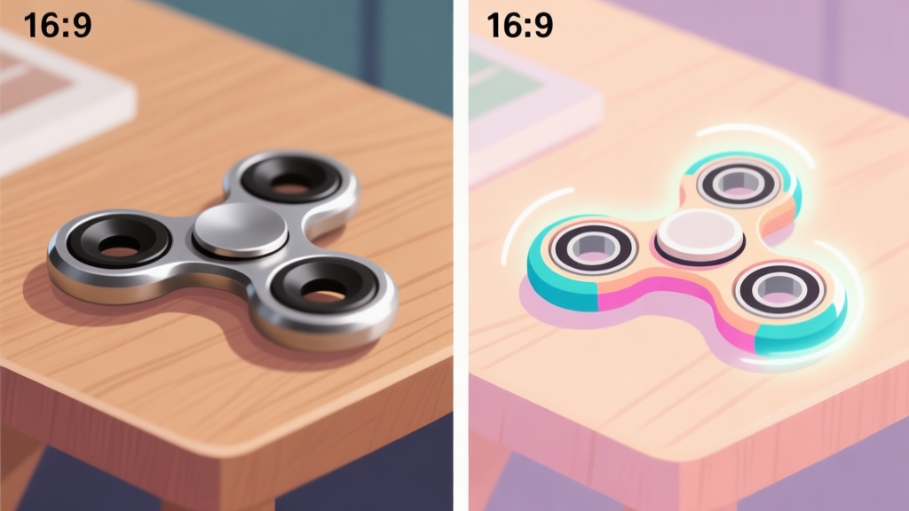 A before-and-after split image of a fidget spinner. Left side shows a plain, stock metal spinner on a wooden table. Right side shows the same spinner but with custom painted caps, a visibly cleaner bearing, and a subtle glow effect, flat illustration style with soft pastel colors high quality illustration, detailed, 16:9
