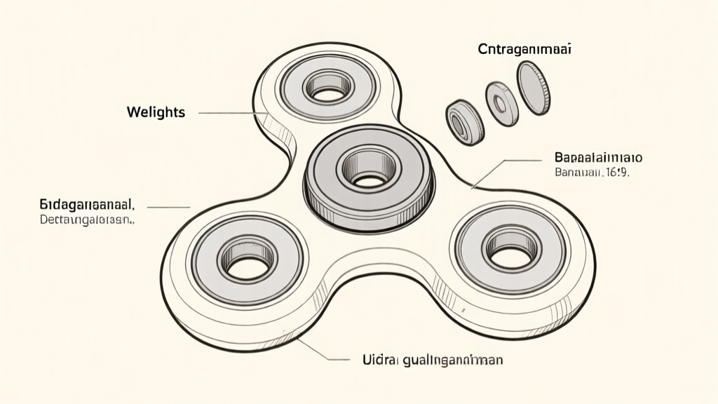 Exploded view diagram of a fidget spinner showing its core components: central bearing, caps, weights, and body, with labels in Indonesian, clean technical illustration style high quality illustration, detailed, 16:9