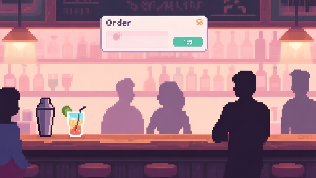 A cozy, softly lit pixel art game scene of a bartender's view, with a few customer silhouettes at the counter, a cocktail shaker and glass on the bar, and a simple order UI hovering above, in a calm pastel color palette high quality illustration, detailed, 16:9