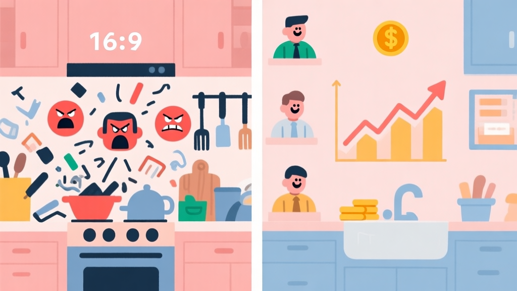 A split-screen illustration showing chaos on one side (messy kitchen, angry customer icons) and order on the other side (organized kitchen, happy customers, rising coin graph), in a soft pastel color palette with flat design style high quality illustration, detailed, 16:9