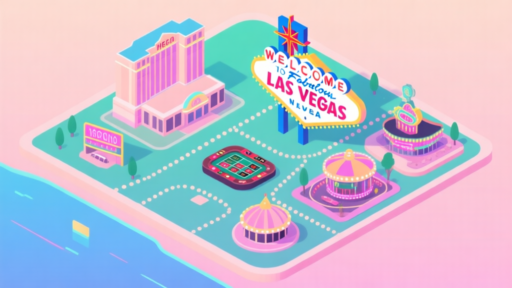 A vibrant, isometric digital illustration of a stylized Las Vegas game map, showing a hotel, casino, and entertainment district connected by dotted paths. Soft pastel color palette with neon accents. high quality illustration, detailed, 16:9