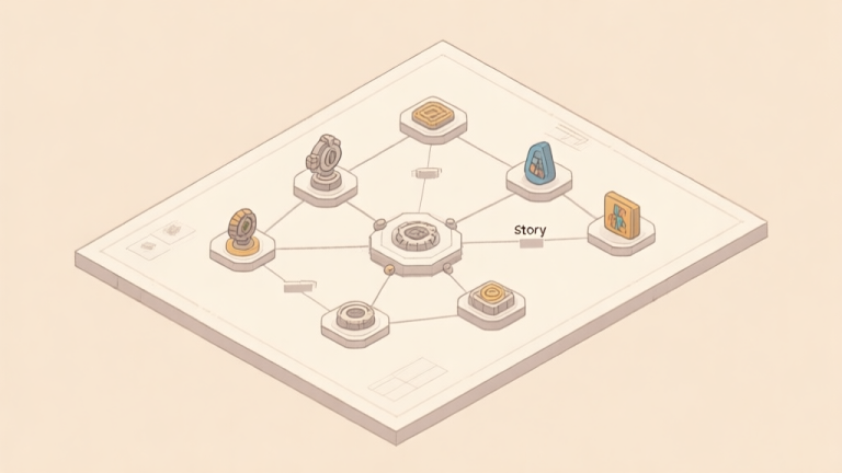 自动生成图片: A minimalist isometric illustration of a game design blueprint, showing interconnected nodes for mechanics, story, and art, on a soft beige background high quality illustration, detailed, 16:9