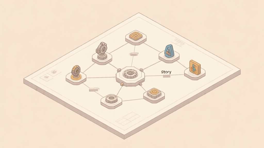 A minimalist isometric illustration of a game design blueprint, showing interconnected nodes for mechanics, story, and art, on a soft beige background high quality illustration, detailed, 16:9
