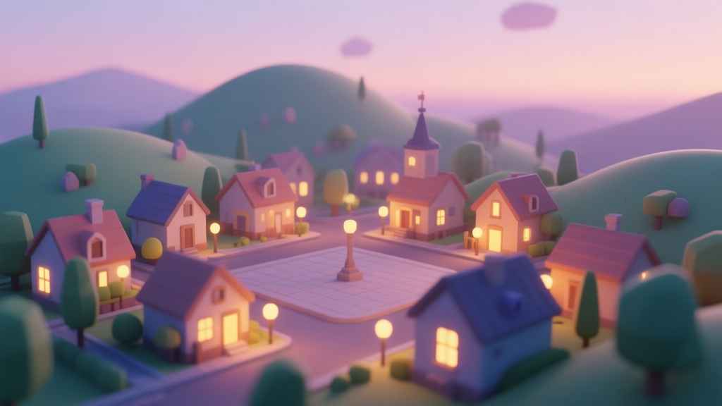 Cozy isometric view of a small digital town at dusk, with warm lights in houses, a central square, and gentle hills, soft pastel color palette, peaceful and inviting atmosphere high quality illustration, detailed, 16:9