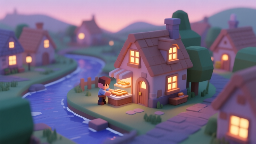 A cozy, isometric view of a small digital town at dusk, with warm lights in cottage windows, a winding river, and a player placing a tiny bakery, in a soft pastel color palette, evoking a sense of calm and control high quality illustration, detailed, 16:9