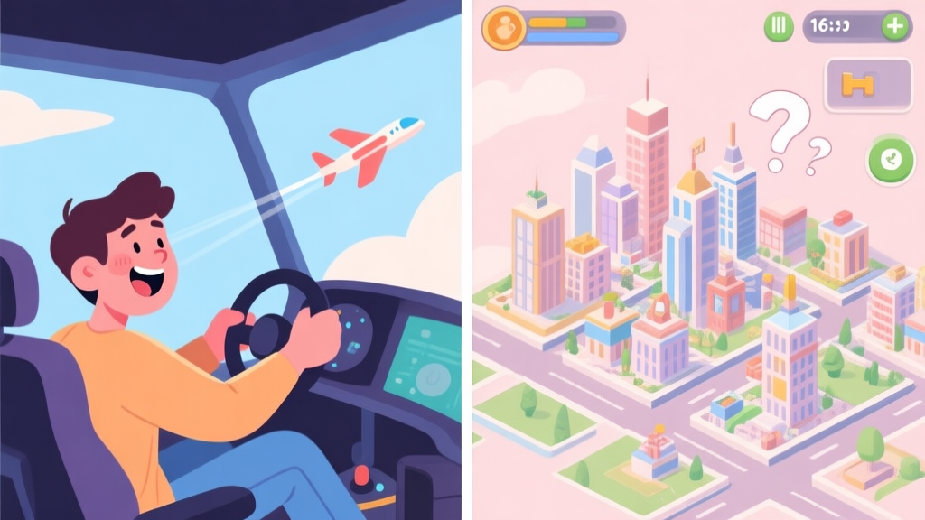 A split-screen illustration showing a person happily playing a flight simulator on one side, and another looking confused at a complex city-building game interface on the other, in a soft pastel color palette high quality illustration, detailed, 16:9
