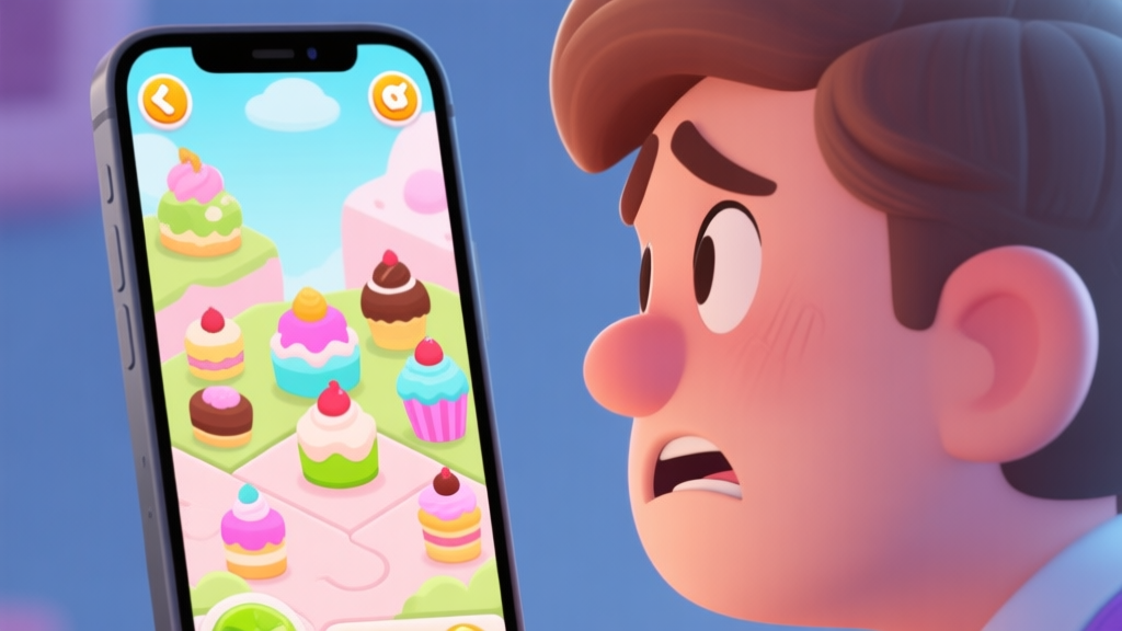 A frustrated player looking at a mobile game screen showing a difficult puzzle level with colorful desserts, soft pastel color palette, cartoon style high quality illustration, detailed, 16:9