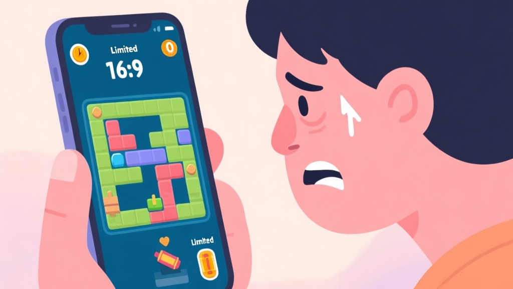 A frustrated player looking at a complex puzzle game level on a mobile phone screen, with a timer counting down and limited boosters visible, in a flat illustration style with soft pastel colors high quality illustration, detailed, 16:9