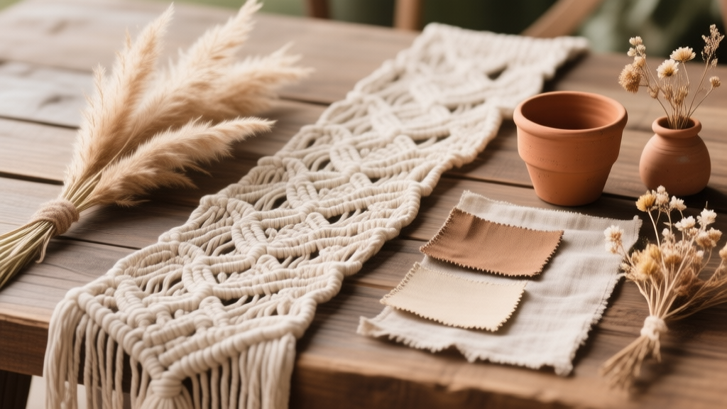 A mood board for a boho wedding theme, showing a cohesive blend of textures: macrame table runners, dried pampas grass, terracotta pots, linen fabric swatches, and delicate dried flowers, arranged on a rustic wooden background, soft natural lighting high quality illustration, detailed, 16:9