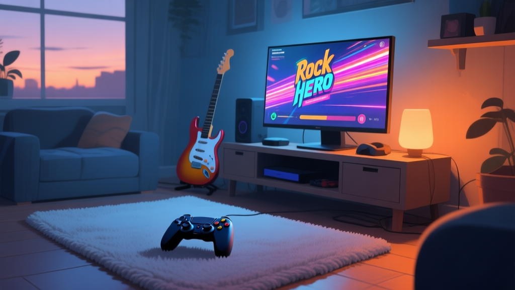 A stylized, cozy gaming setup at dusk, featuring a guitar controller on a soft rug, a monitor showing a vibrant Rock Hero track with perfect streaks, warm ambient lighting, soft shadows, muted color palette with blues and oranges high quality illustration, detailed, 16:9