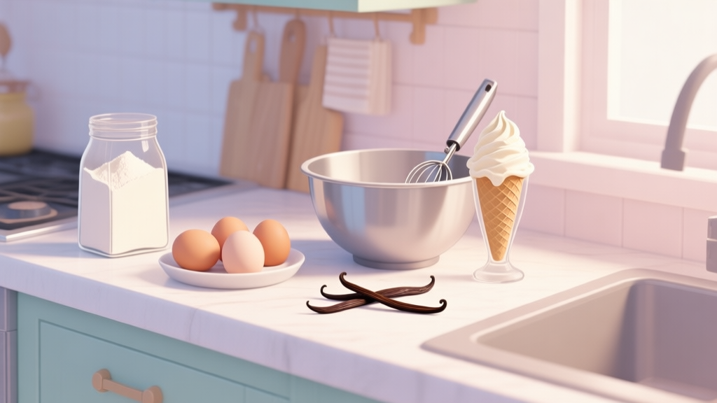 A serene, well-organized kitchen countertop with high-quality baking ingredients like flour, eggs, and vanilla beans laid out, next to a mixing bowl and a scoop of premium ice cream, soft natural lighting, pastel color palette high quality illustration, detailed, 16:9