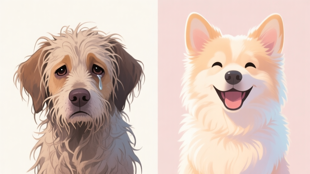 Side-by-side illustration of a dog looking dull with matted fur and sad eyes, and the same dog looking bright, fluffy, and happy with a shiny coat and perky ears, soft pastel color palette high quality illustration, detailed, 16:9