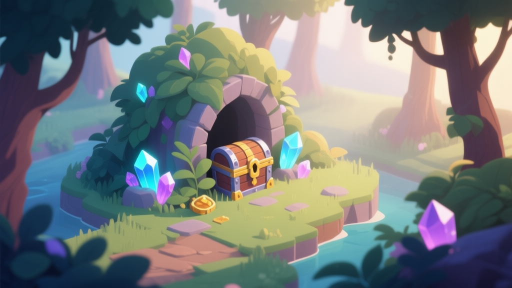 A serene, isometric view of a hidden game glade with glowing crystals and treasure chests partially hidden behind foliage, soft fantasy color palette, morning light filtering through trees high quality illustration, detailed, 16:9