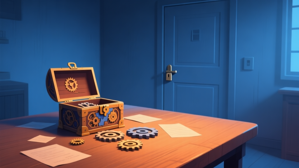 A minimalist, slightly dimly lit digital room with a locked door in the background. On a wooden table in the foreground, a complex puzzle box is partially solved, with a few gears and notes scattered around, soft blue and warm amber lighting high quality illustration, detailed, 16:9