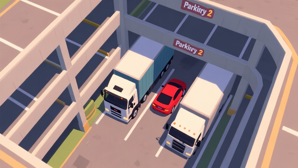 A top-down view of a challenging multi-level parking garage in Parking Fury 2, with a red car attempting a tight parallel park between two trucks, soft shadows and muted colors, illustrating the game's tense atmosphere high quality illustration, detailed, 16:9