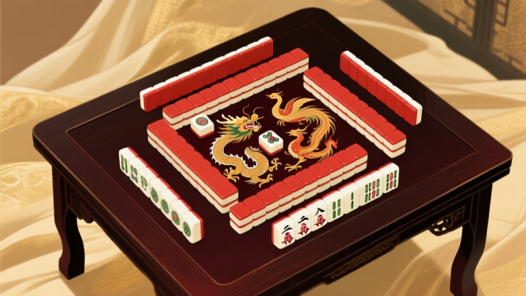 自动生成图片: A beautifully arranged Mahjong tile set with a classical Chinese dynasty aesthetic, featuring intricate dragon and phoenix designs on the tiles, lying on a dark wooden table with soft fabric background, muted gold and deep red color scheme, top-down view high quality illustration, detailed, 16:9
