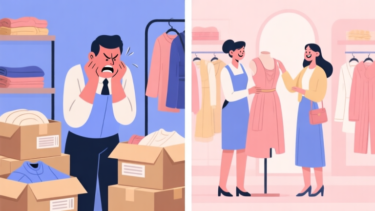 自动生成图片: A split-screen illustration showing the contrast between a frustrated boutique owner surrounded by boxes of poorly made clothes on one side, and a confident owner inspecting high-quality garments with a happy customer on the other, using a soft pastel color palette high quality illustration, detailed, 16:9
