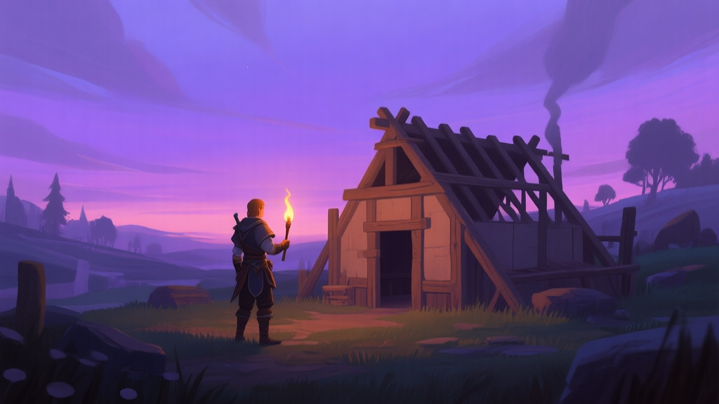 A serene yet slightly tense game scene of a World Craft 2-like landscape at dusk, with a lone character holding a torch, looking at a simple half-built wooden shelter against a purple sky, soft lighting, painted style high quality illustration, detailed, 16:9