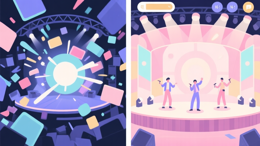 A split-screen illustration showing a chaotic game stage with misplaced effects on one side, and a perfectly synchronized, visually harmonious stage performance on the other, using soft pastel colors and clean UI elements high quality illustration, detailed, 16:9