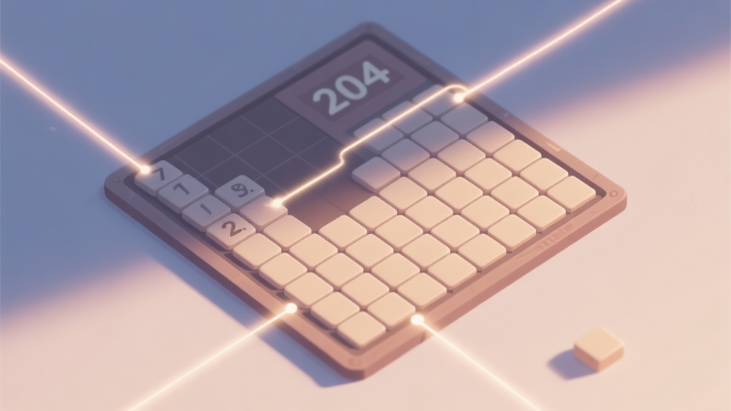 A top-down view of a 2048 game board in a calm, soft color palette, showing a near-perfect descending order of tiles in one corner, with subtle glowing connection lines between mergeable tiles high quality illustration, detailed, 16:9
