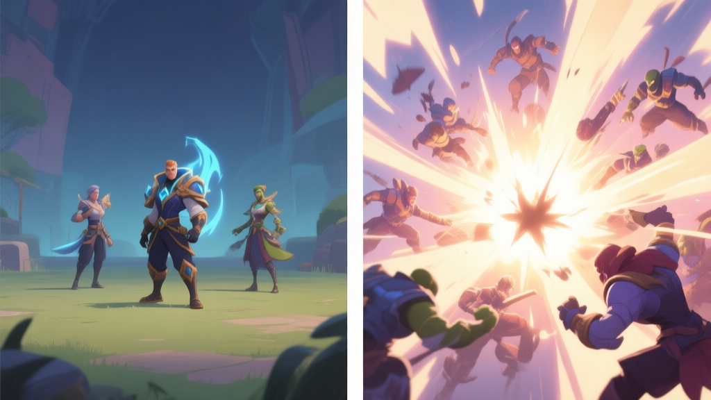 Split-screen game scene showing a missed ultimate ability on the left (characters standing in empty area) and a perfectly executed one on the right (multiple enemies caught in a bright, impactful effect), soft color palette, illustrative style high quality illustration, detailed, 16:9