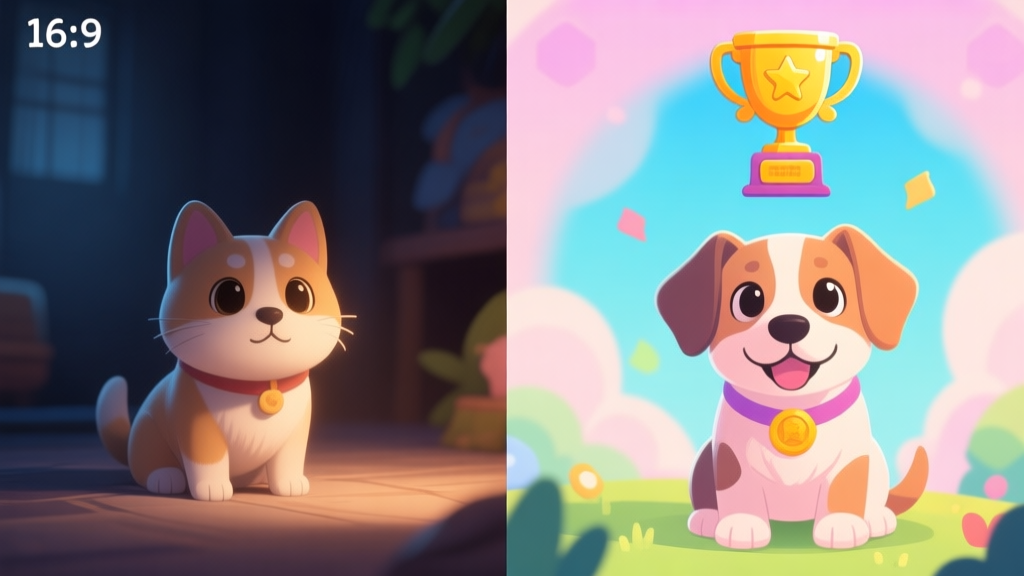 A split-screen image showing a poorly lit, generic pet screenshot on the left, and a vibrant, creatively composed award-winning pet photo on the right, with a trophy icon above it. Soft pastel game art style. high quality illustration, detailed, 16:9