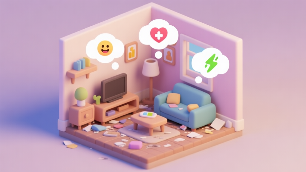 A cozy, slightly messy isometric room in a life simulation game, with thought bubbles above furniture showing stat icons like happiness, health, and energy, soft pastel color palette high quality illustration, detailed, 16:9