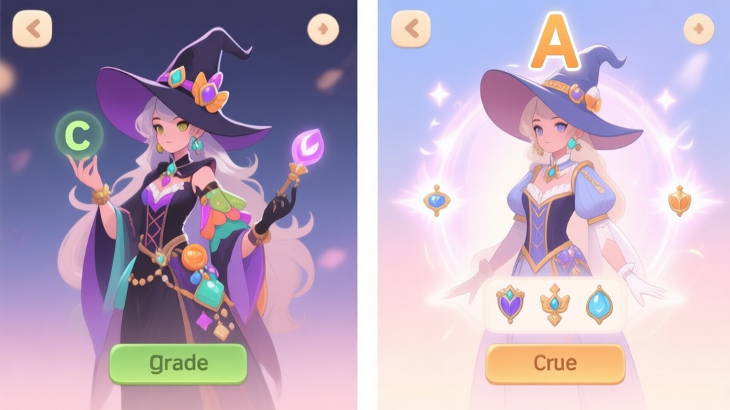 Split-screen game UI illustration. Left side shows a witch character with mismatched, overly flashy items and a low 'C' grade. Right side shows the same character with cohesive elegant items, a high 'A' grade, and subtle aura visual effects (magical, noble, pure) emanating from key items. Soft pastel color scheme. high quality illustration, detailed, 16:9