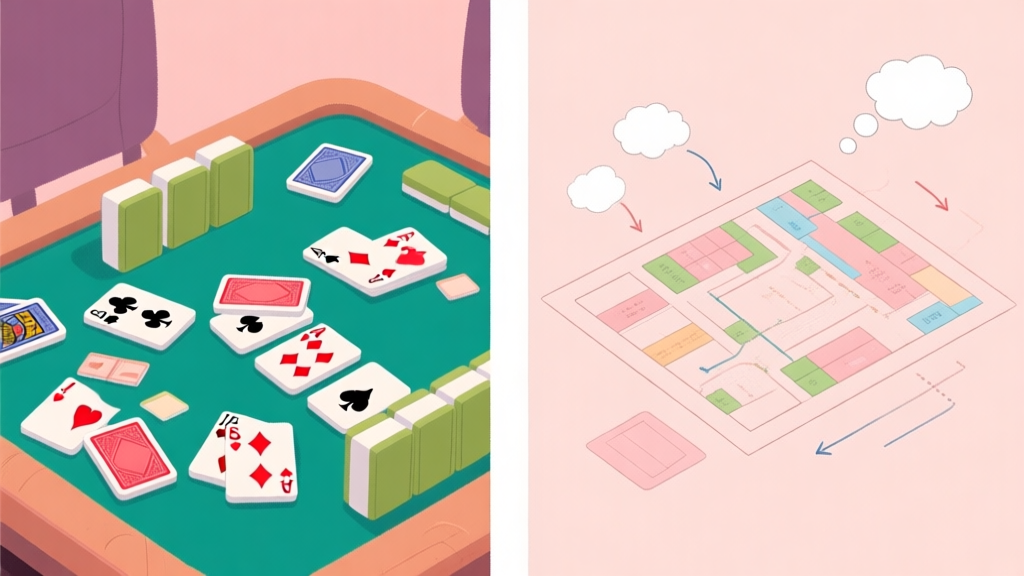 A split-screen illustration showing a messy Solitaire game on one side and a highly organized, strategic layout on the other, with subtle arrows and thought bubbles indicating planning, soft pastel color palette high quality illustration, detailed, 16:9