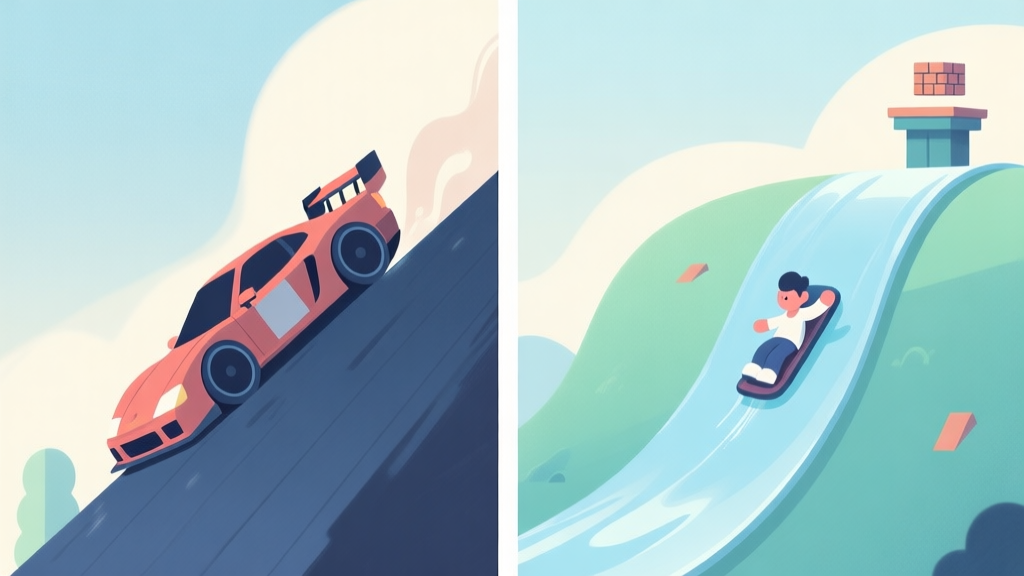 Split-screen illustration showing a racing car struggling up a steep slope on one side, and a platformer character gracefully sliding down a slick, curved hill on the other, in a soft pastel color palette with muted blues and greens high quality illustration, detailed, 16:9