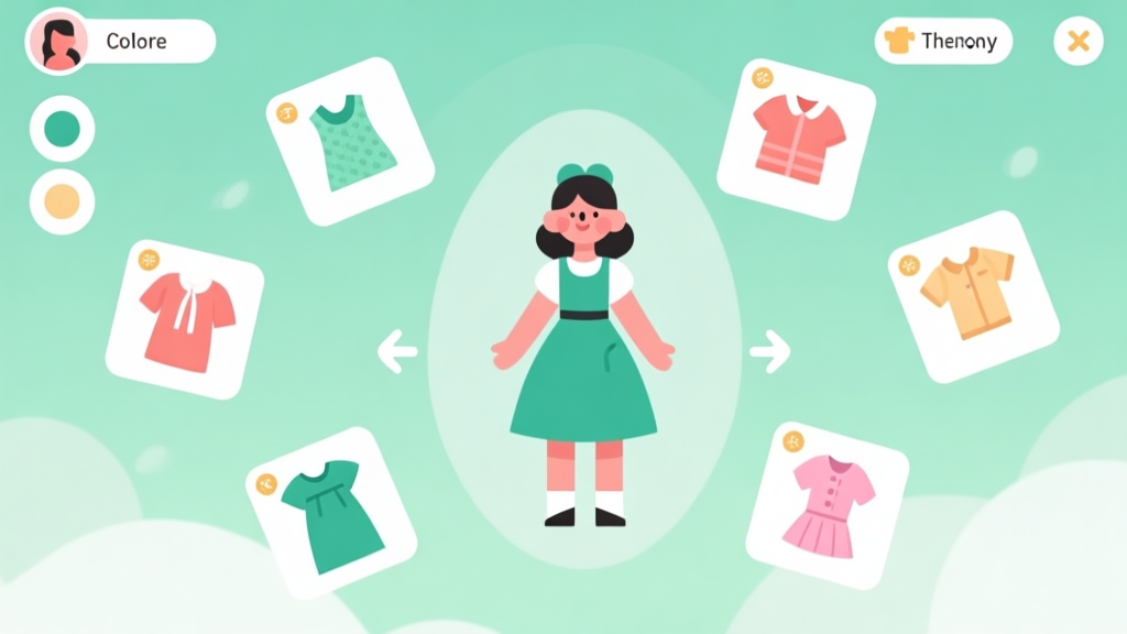 A flat design illustration showing a stylized game interface with a dress-up character in the center, surrounded by floating clothing items tagged with icons for color, texture, and theme harmony. Soft pastel green and white color scheme. high quality illustration, detailed, 16:9
