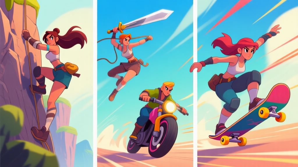 Dynamic split-screen illustration showing four different active female game characters in action: one climbing a cliff, one swinging a sword, one racing on a bike, and one performing a skateboard trick, in a vibrant cartoon style with motion lines high quality illustration, detailed, 16:9