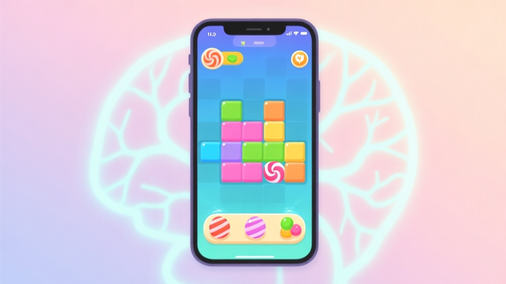 A stylized, calming illustration of a smartphone screen showing a vibrant but not overly bright puzzle game interface (like candy pieces or blocks), with a subtle, glowing neural network pattern overlaying the background, representing the psychology behind the gameplay. Soft pastel color scheme. high quality illustration, detailed, 16:9