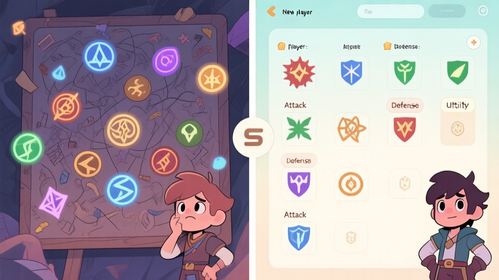 A side-by-side comparison illustration: left side shows a messy, confusing board with random magical symbols floating around a confused new player character. Right side shows the same symbols neatly organized into logical categories (attack, defense, utility) on a clear interface, with the player character looking confident. Soft fantasy color palette, clean lines. high quality illustration, detailed, 16:9