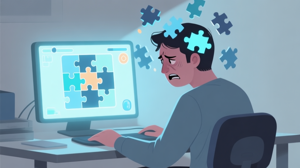 A frustrated player sitting at a desk with a glowing puzzle game on screen, abstract puzzle pieces floating around their head, soft muted color palette of blues and greys high quality illustration, detailed, 16:9