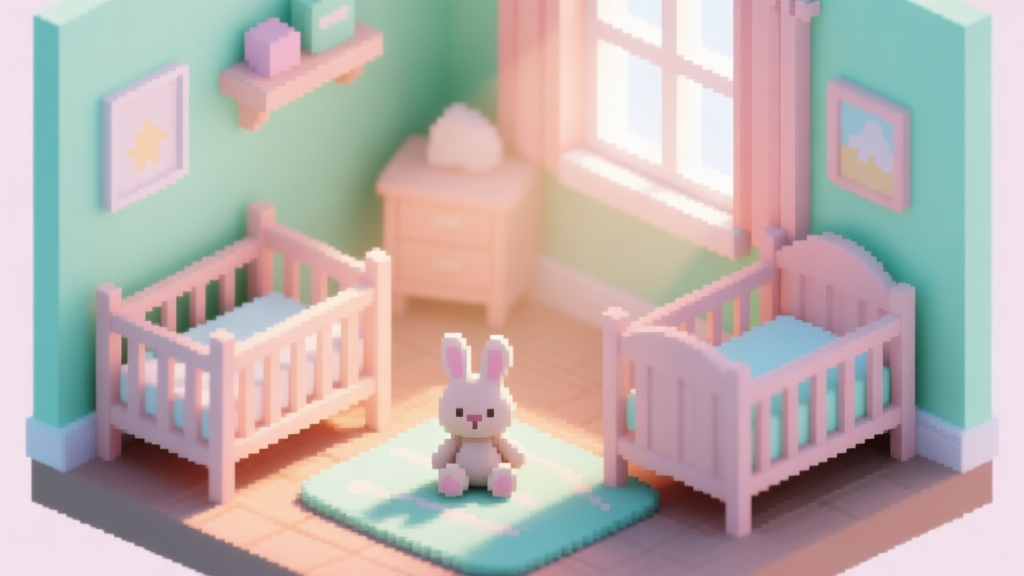 A cozy, isometric pixel art scene of a virtual nursery room with two cribs side by side, soft morning light filtering through a window, pastel color palette of mint green and peach, a plush toy rabbit on a rug, creating a warm and rare in-game event atmosphere high quality illustration, detailed, 16:9
