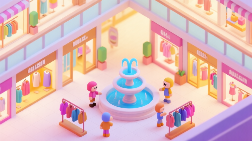 A vibrant, isometric view of a stylized shopping mall interior with multiple boutique stores, a central fountain, and small character avatars browsing clothing racks, in a bright and cheerful color palette with soft lighting high quality illustration, detailed, 16:9