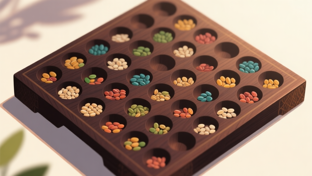 A top-down view of a traditional Indonesian congklak board made of dark wood, with colorful seeds neatly arranged in each hole, soft natural lighting, serene and inviting atmosphere high quality illustration, detailed, 16:9