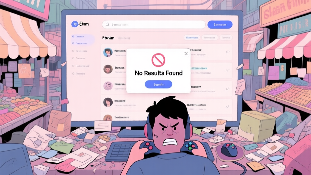 A frustrated gamer staring at a cluttered, messy in-game marketplace or forum search interface with "No Results Found" pop-up, in a soft pastel color palette high quality illustration, detailed, 16:9
