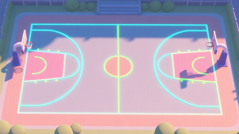 自动生成图片: Top-down schematic view of a stylized basketball court in a video game, with key lines (three-point, free-throw, restricted area) highlighted in glowing colors, soft pastel color palette, clean and informative illustration high quality illustration, detailed, 16:9