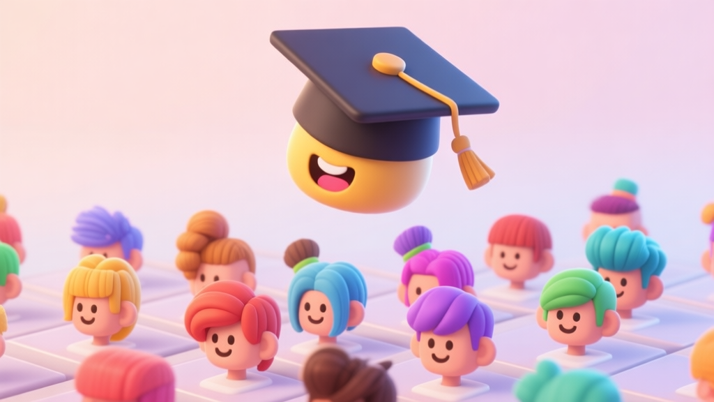 A cheerful, stylized graduation cap floating above a collection of diverse and colorful virtual hairstyles from casual games, arranged in a neat grid on a soft pastel background high quality illustration, detailed, 16:9