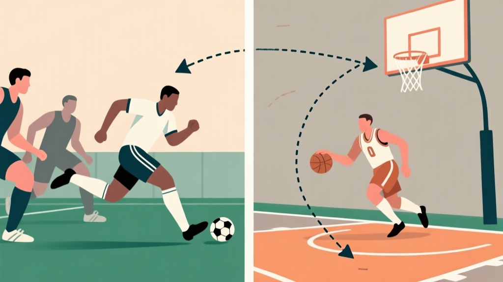 Split-screen illustration showing a soccer player making a diagonal run behind defenders on the left, and a basketball player cutting baseline towards the hoop on the right, using a muted color scheme with tactical arrows and dashed lines high quality illustration, detailed, 16:9