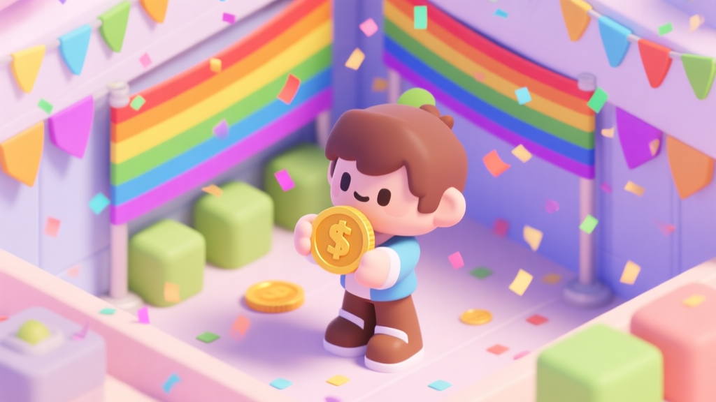 A vibrant, celebratory in-game event scene with rainbow-colored banners and confetti, a character holding a special event currency, soft pastel color palette, isometric view high quality illustration, detailed, 16:9