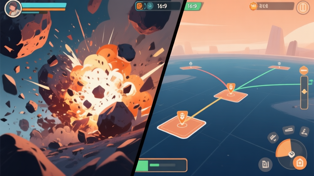 A dynamic split-screen game scene showing a chaotic asteroid impact on the left with explosions and debris, contrasted with a calm, strategic player view on the right with highlighted safe zones and trajectory lines, using a soft color palette with muted oranges and deep blues high quality illustration, detailed, 16:9