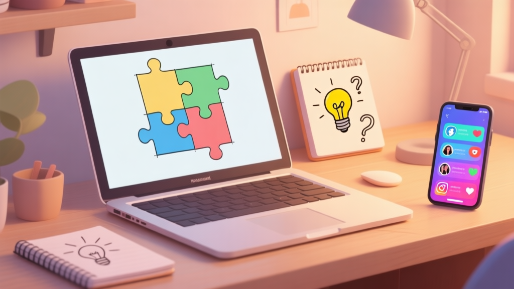 A cozy, inviting workspace with a laptop showing a simple puzzle image being created, a notebook with doodles of lightbulbs and question marks, and a smartphone displaying vibrant social media notifications, all in a warm, soft color palette high quality illustration, detailed, 16:9
