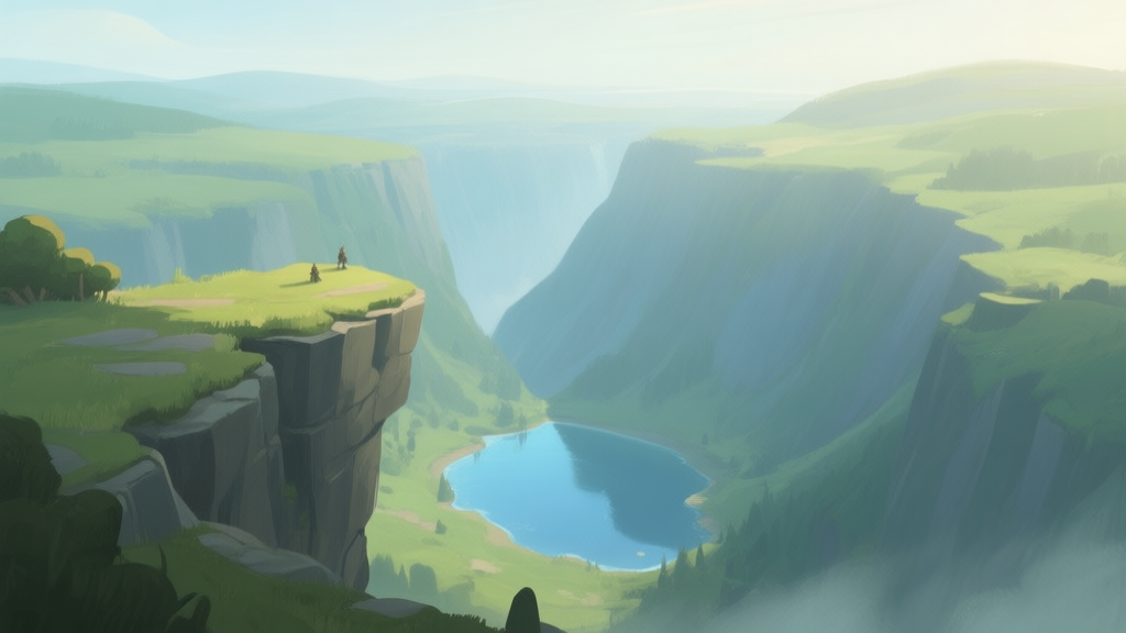 A serene, painterly landscape of a video game cliff edge overlooking a deep valley with a small lake below, soft morning light, muted green and blue color palette, no characters visible high quality illustration, detailed, 16:9